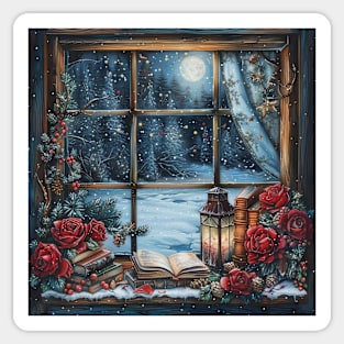 Fantasy winter starry night window Sticker